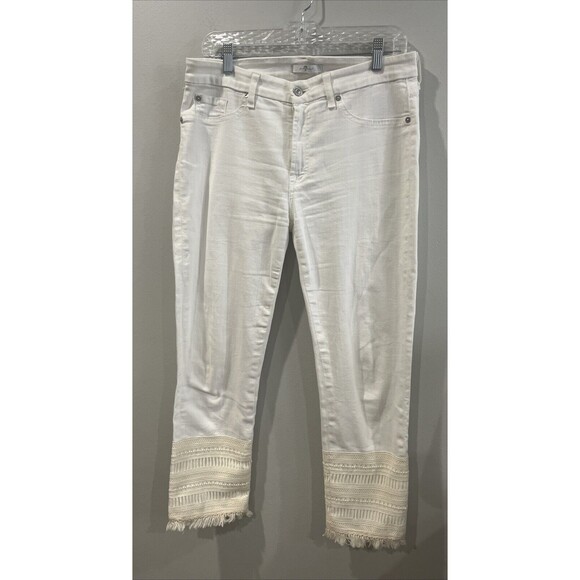 7 For All Mankind Jean Women's 32 Skinny  Crop White Cream Crochet Fringe Hem - Picture 1 of 4